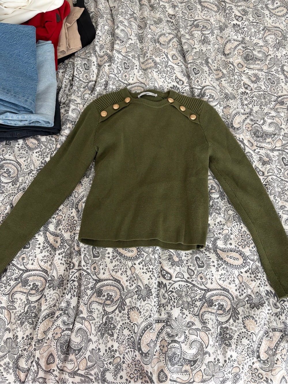 Mango Olive Ribbed Knit Sweater with Button Accent